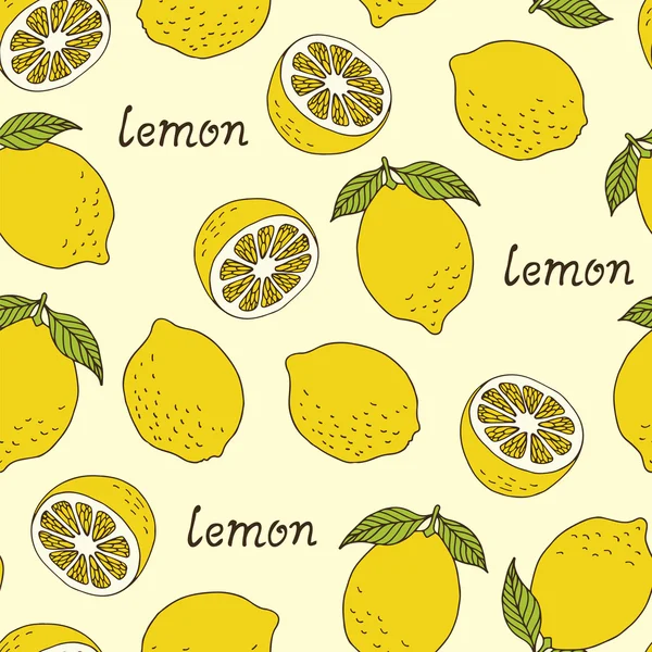 Modèle d'agrumes sans couture, citrons dessinés à la main sur fond jaune — Image vectorielle