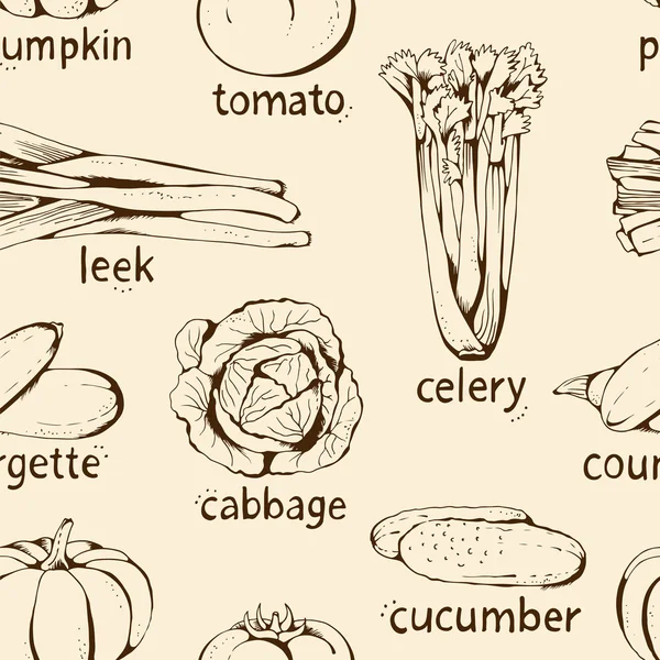 Nahtloser Lebensmittelhintergrund mit handgezeichnetem Gemüse — Stockvektor