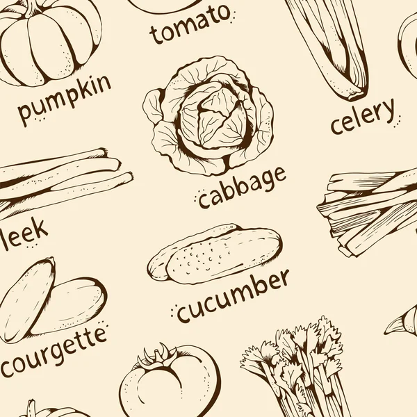 Modèle vectoriel sans couture avec des légumes dessinés à la main et du texte — Image vectorielle