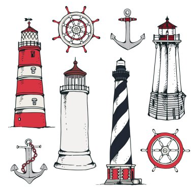 El çizilmiş vintage deniz seti