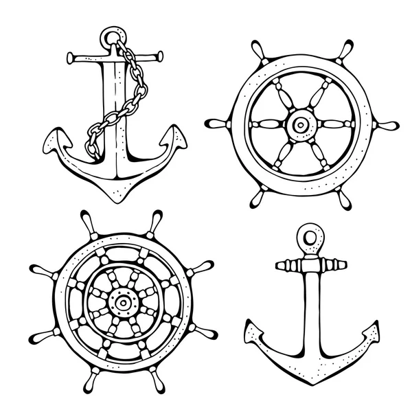 Steering ship wheel and anchor, vector illustration — Stock Vector