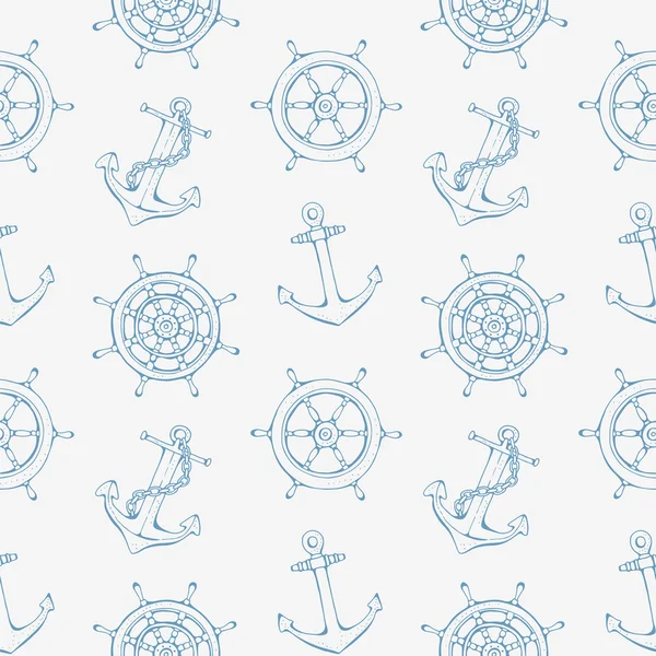 Sea pattern with steering ship wheel and anchor — Stock Vector