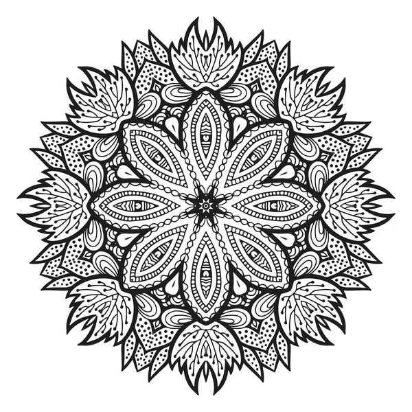 Ornement décoratif rond, motif floral noir et blanc — Image vectorielle
