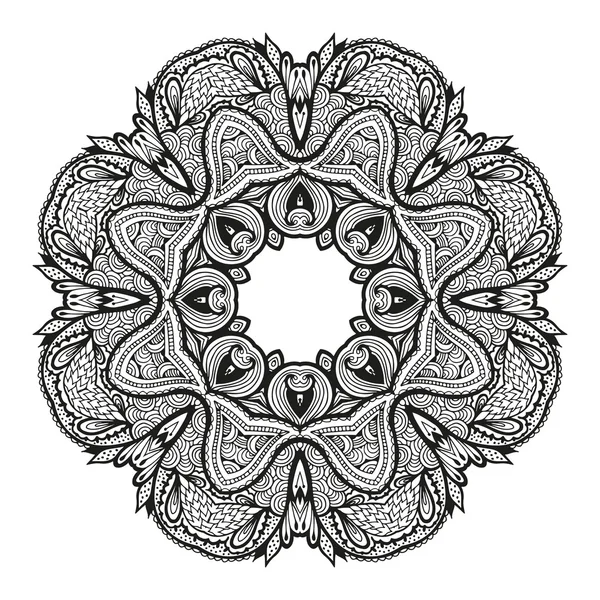 Ornement décoratif rond, motif floral noir et blanc, vecteur — Image vectorielle