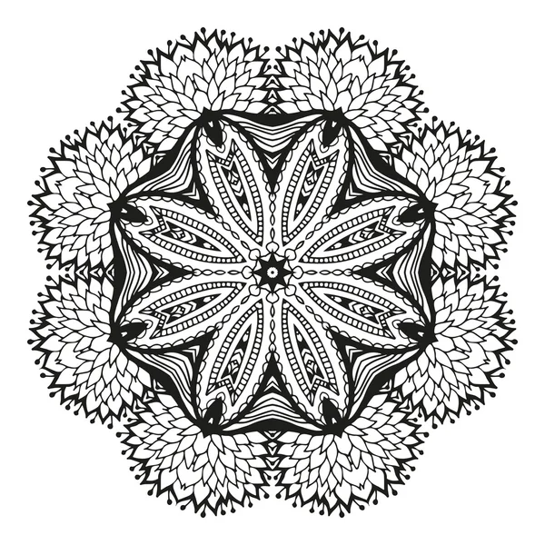 Ornamento decorativo redondo, patrón floral blanco y negro, vector — Vector de stock