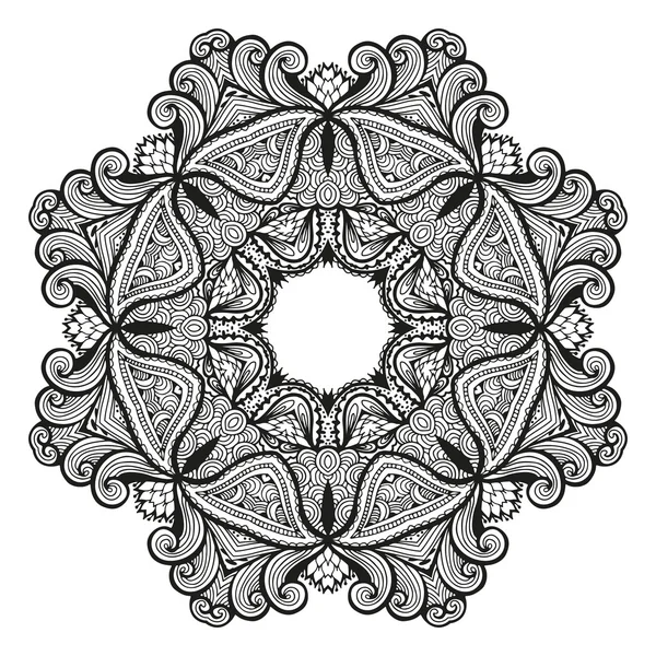 Ornamento decorativo redondo, patrón floral blanco y negro, vector — Vector de stock