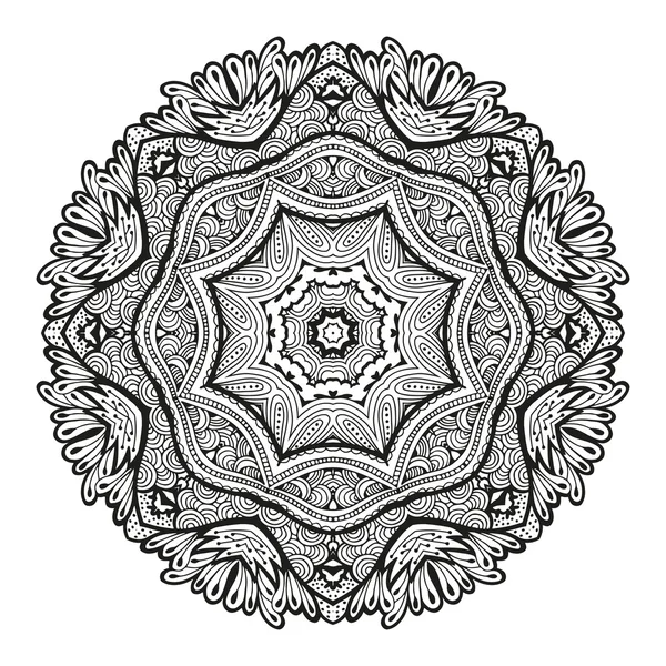 Ornamento decorativo redondo, patrón floral blanco y negro, vector — Vector de stock