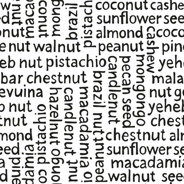 Motif vectoriel de lettrage de noix, fond d'assortiment de noix sans couture — Image vectorielle