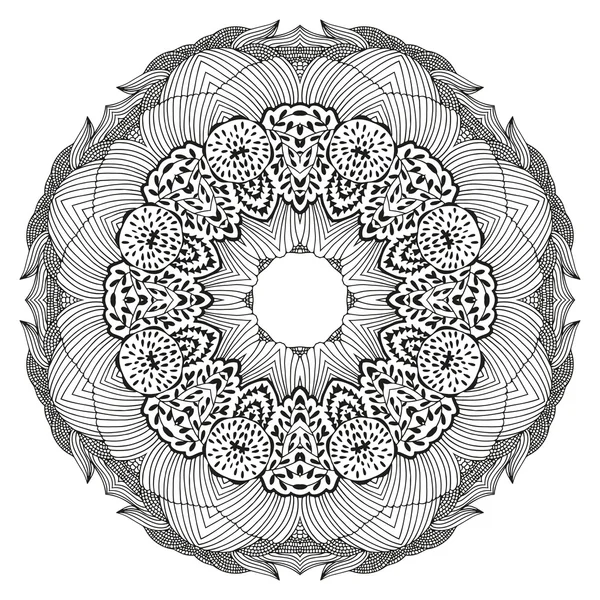 Ornamento decorativo redondo, patrón floral blanco y negro, ilustración vectorial — Archivo Imágenes Vectoriales