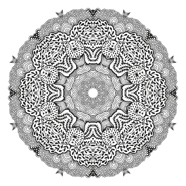 Ornamento decorativo redondo, patrón floral blanco y negro, ilustración vectorial — Vector de stock