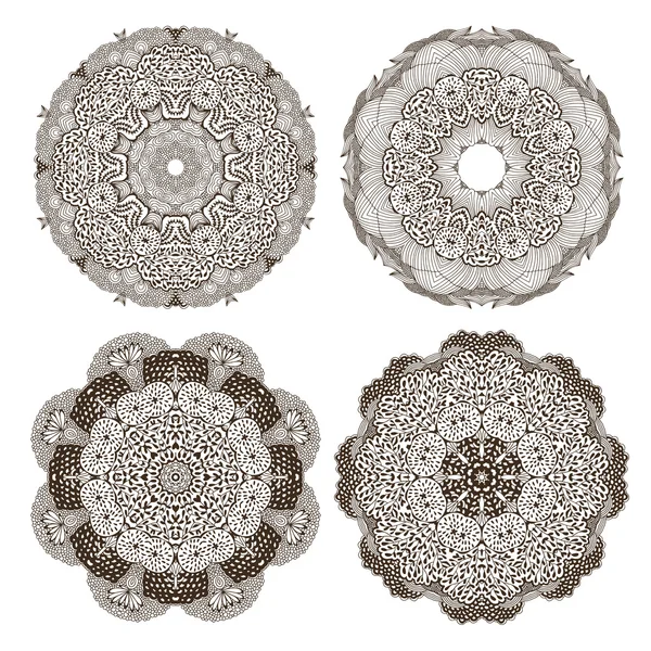 Набор круглых декоративных орнаментов, черно-белый цветочный узор — стоковый вектор