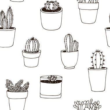 Kaktüs el çizimi, dikişsiz vektör deseni, bitki koleksiyonu, beyaz arkaplanda izole edilmiş ev bitkisi çizimi