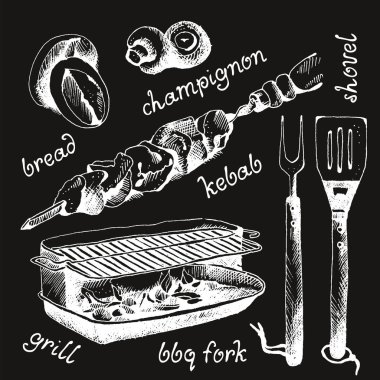 bbq nesneleri kümesi, doodle biçimi, vektör illüstrasyonu