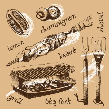 bbq nesneleri kümesi, doodle biçimi, vektör illüstrasyonu
