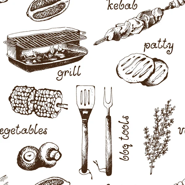 Barbecue Food Vector Pattern Grill Hand Drawn Meat Products Background — Vetor de Stock