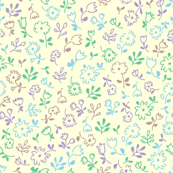 Small Flowers Seamless Pattern Hand Drawn Floral Decorative Fabric Background - Stok Vektor