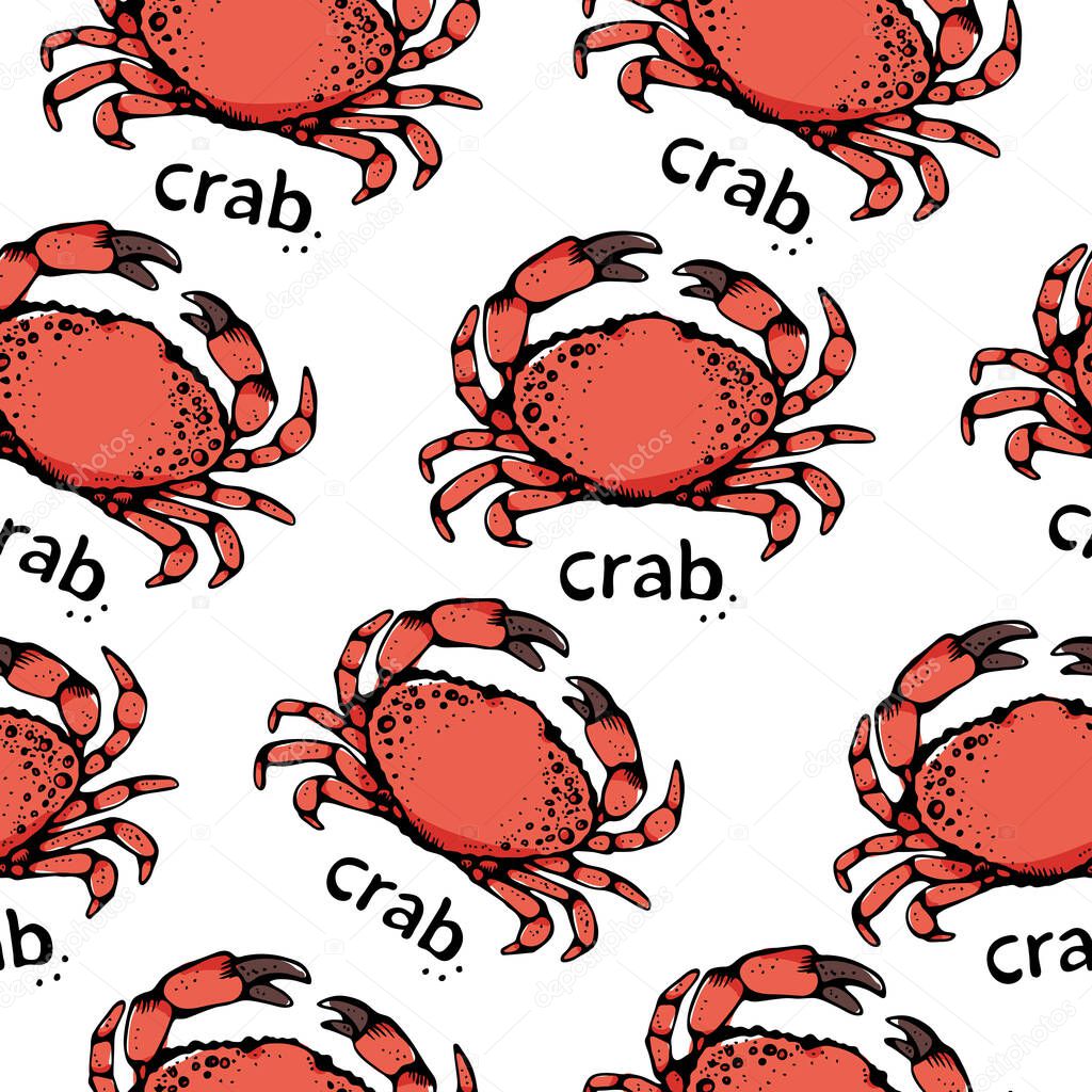 Crab vector seamless pattern, hand drawn seafood background