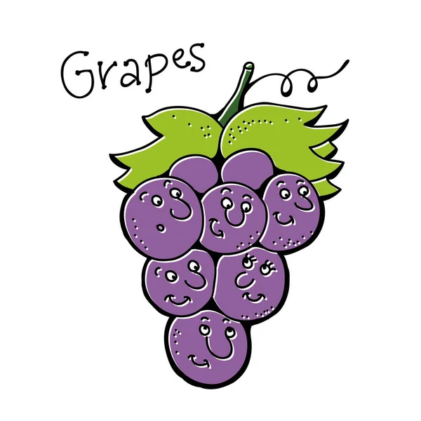 Tak Van Paarse Druiven Fruit Cartoon Stijl Met Grappige Glimlach — Stockvector