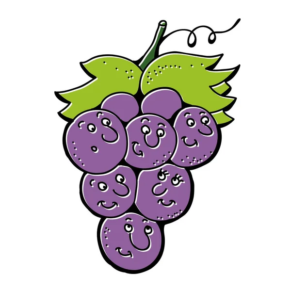 Tak Van Paarse Druiven Fruit Cartoon Stijl Met Grappige Glimlach — Stockvector