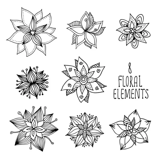 Bloem Doodle Elementen Collectie Vector Hand Getekend Bloemen Set — Stockvector