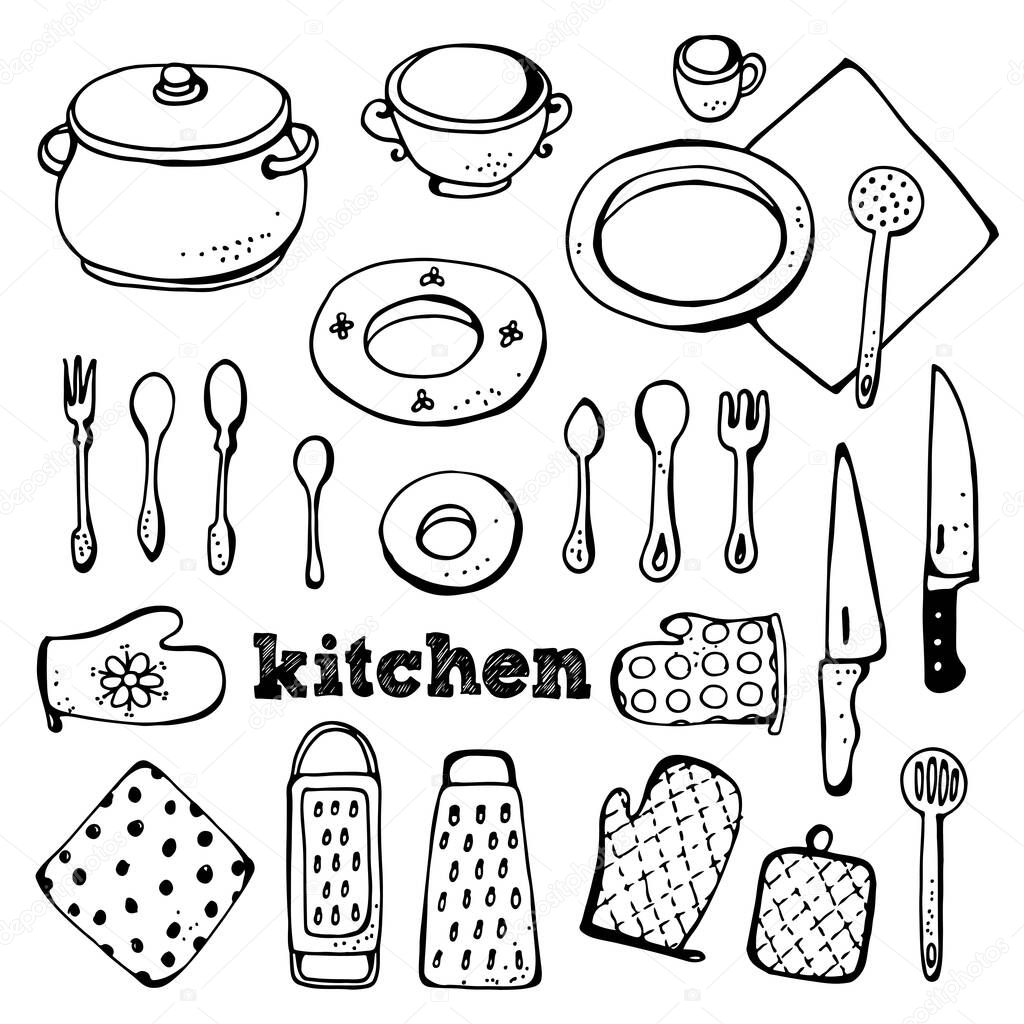 Kitchen vector set, collection of hand drawn kitchen related objects isolated on white background
