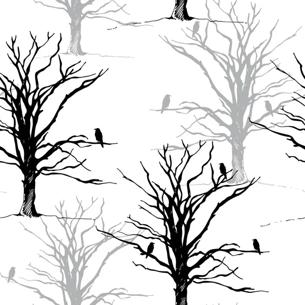 ツリーと鳥のカラスのシルエット 手描きベクトルスケッチ 白い背景に隔離された — ストックベクタ