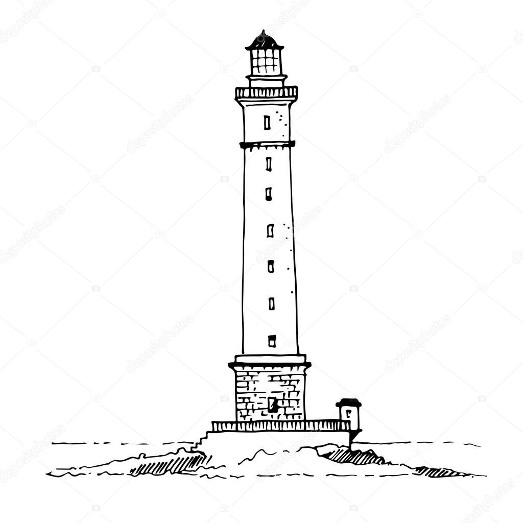 Silhouette lighthouse drawing on a white background, black and white vector illustration