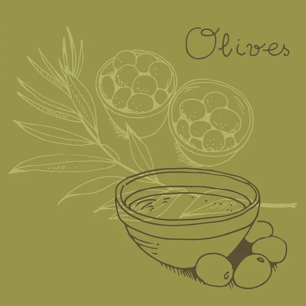 Olives Bowl Olive Branch Isolated Background Text Vector Illustration — Stock Vector