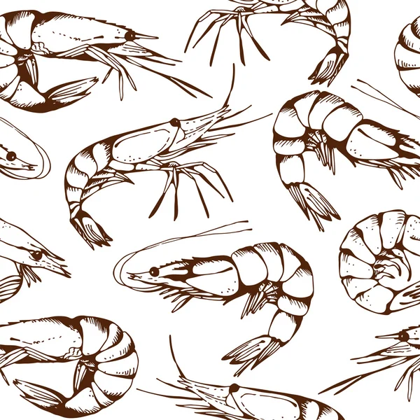 Nahtlose Meeresfrüchte-Muster mit handgezeichneten Garnelen — Stockvektor