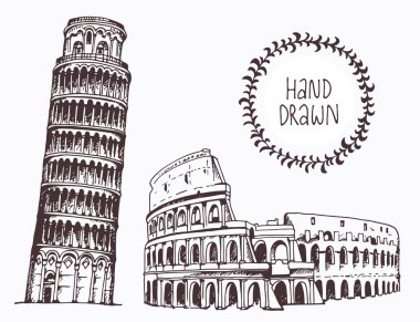 Çizilmiş Pisa Kulesi ve Coliseum el