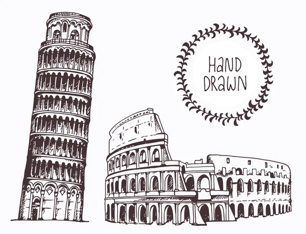 Torre dibujada a mano de Pisa y Coliseo — Vector de stock