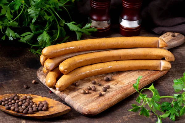 Viennese Sausages Sausages Wooden Serving Board Brown Wooden Table German — Stock Photo, Image