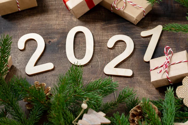 Happy New Year 2021 Number 2021 Made Wood Brown Wooden — Stock Photo, Image