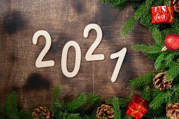 Happy New Year 2021 Number 2021 Made Wood Brown Wooden — Stock Photo, Image