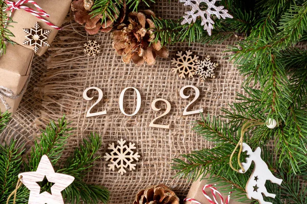 Feliz Año Nuevo 2022 Número 2022 Está Hecho Madera Sobre Imagen De Stock