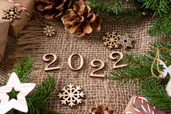 Feliz Ano Novo 2022 Número 2022 Feito Madeira Sobre Fundo — Fotografia de Stock