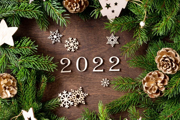 Feliz Año Nuevo 2022 Número 2022 Está Hecho Madera Sobre Imagen De Stock