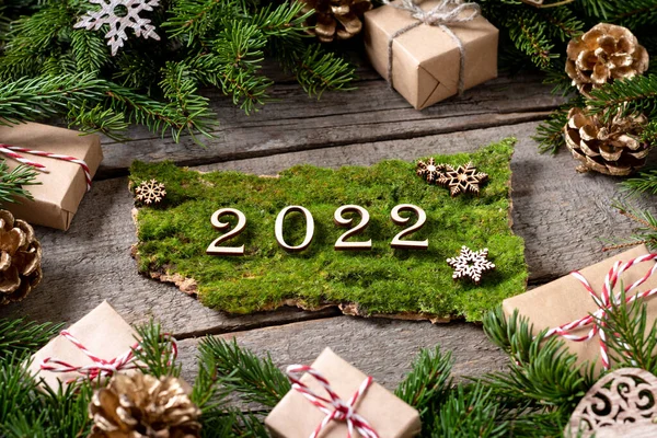 Happy New Year 2022 Number 2022 Made Wood Wooden Background — Stock Photo, Image