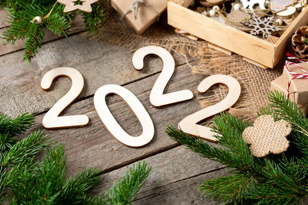 Szczęśliwego Nowego Roku 2022 Numer 2022 Wykonany Jest Drewna Drewnianym — Zdjęcie stockowe
