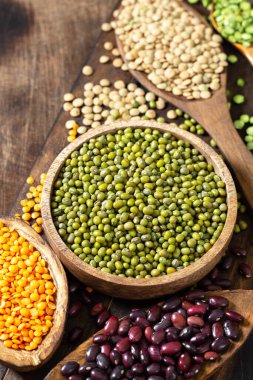 Farklı baklagiller. Kahverengi ahşap mutfak masasında, kuru fasulye, kırmızı fasulye, mercimek, bezelye ve nohut. Fasulyeler yakın plan. Vejetaryen yemeği.
