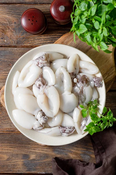 Raw Cuttlefish Ceramic Plate Kitchen Table Lots Peeled Squid Bowl — Stock Photo, Image