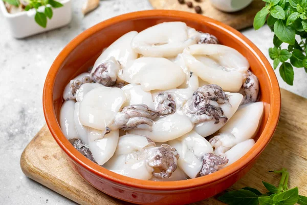 Raw Cuttlefish Ceramic Plate Kitchen Table Lots Peeled Squid Bowl — Stock Photo, Image