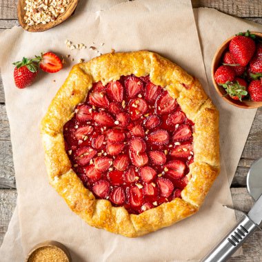 Fransız galeti ya da çilekli turta ve arkaplan manzaralı fırın kağıdı üzerine badem. Yaz ev yapımı tatlı hamur işleri