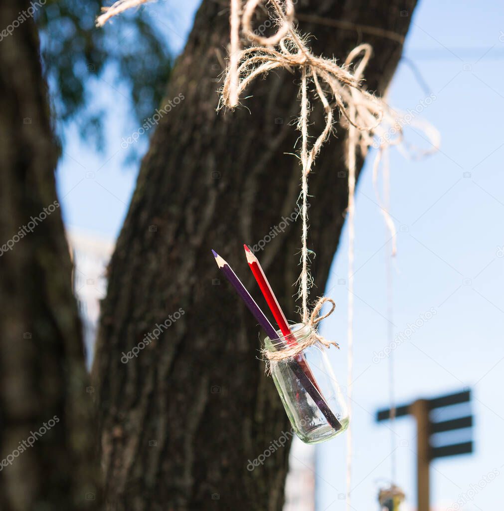 Two colored pencils in a glass jar. Outdoors, suspended by a rope from a tree.