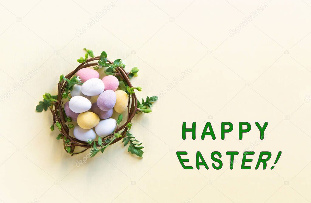 Easter eggs in a basket on a light background. Minimal concept. Card with copy space for text.