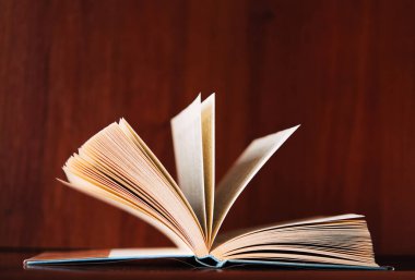 Yükseltilmiş sayfaları olan açık bir kitap. Bilginin ve bilgeliğin gücü. Metnin için yer.