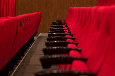 Kırmızı kadife koltuklu boş bir sinema odası. Boş sinema.