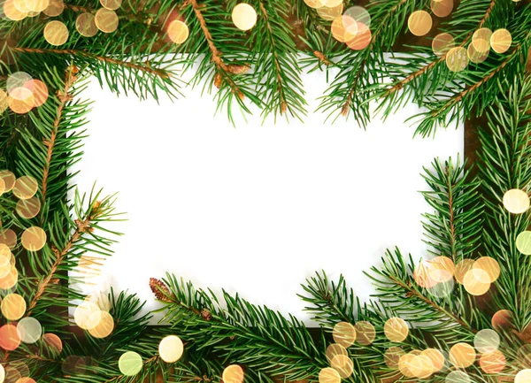Christmas Composition Branches Christmas Tree Lights Bulbs Bokeh White Sheet — Stock Photo, Image