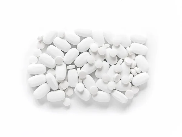 White Pills White Background Oblong Pills Close Healthcare Medicine — Stock Photo, Image