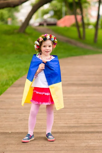 Flicka Med Ukrainas Flagga Hon Klädd Broderad Skjorta Och Krans — Stockfoto